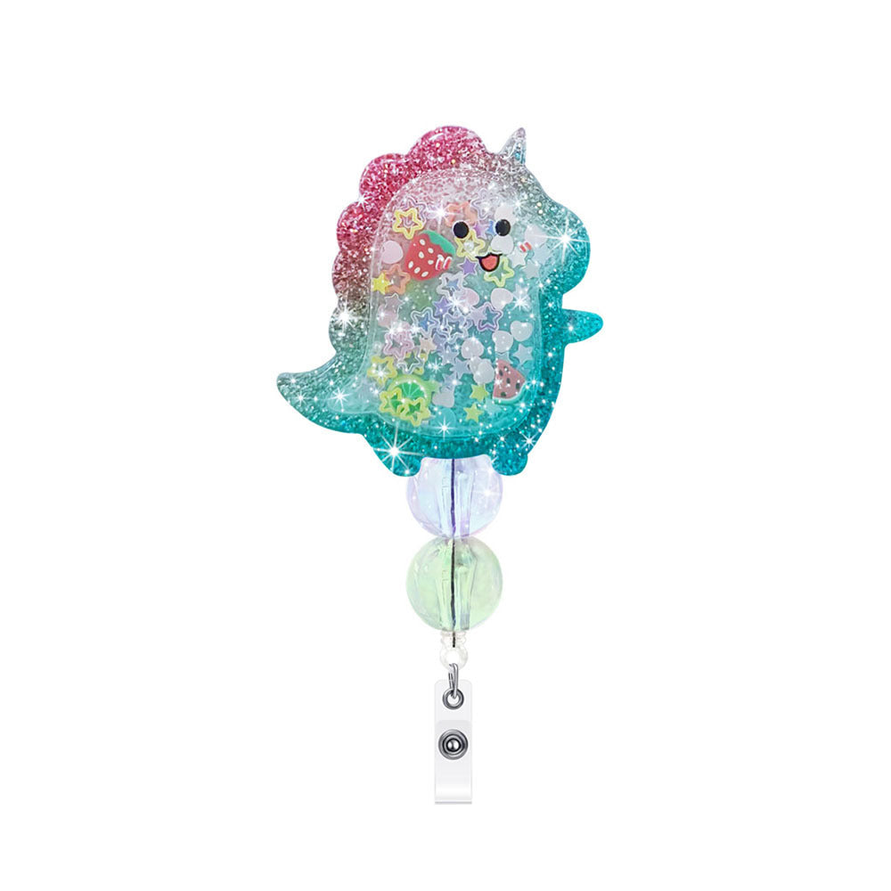 Wholesale Flowing Sand Beaded Dinosaur Smiling Face Milk Tea Cup Emblem Scroll Retractable Plastic Keychain